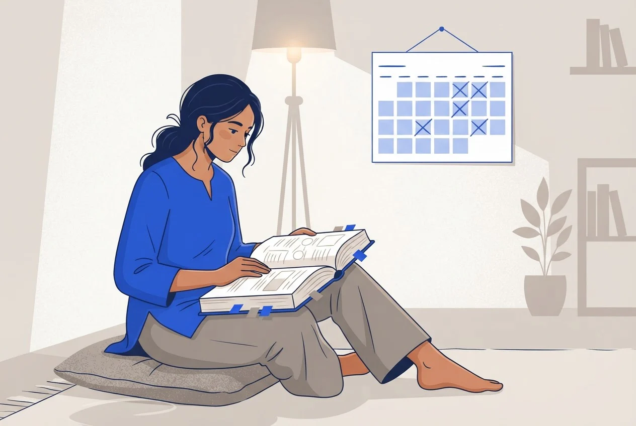 A young woman reads a thick textbook in a quiet room with a wall calendar behind her.