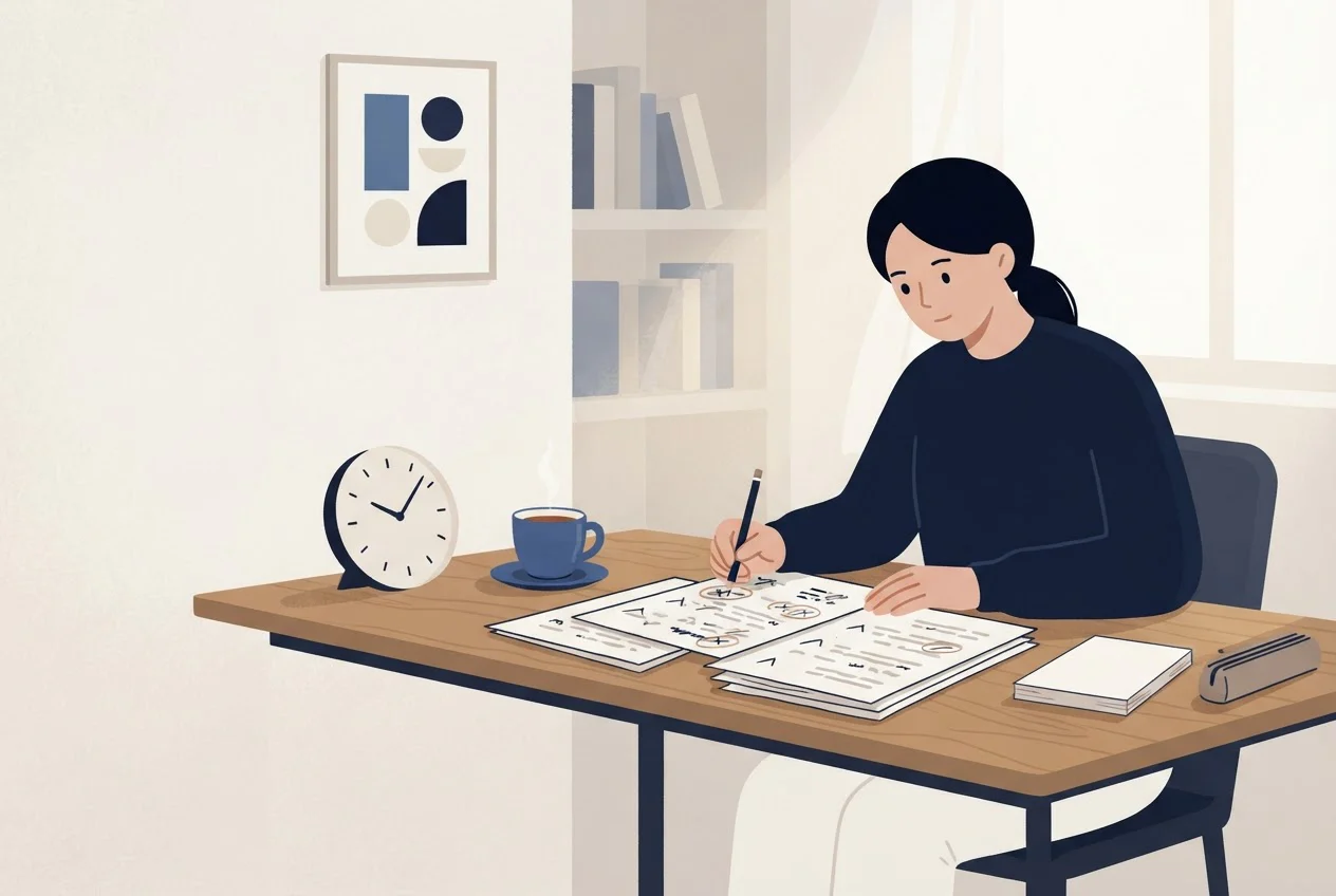 A student marks mistakes on a finished practice paper and sorts the sheets into piles.