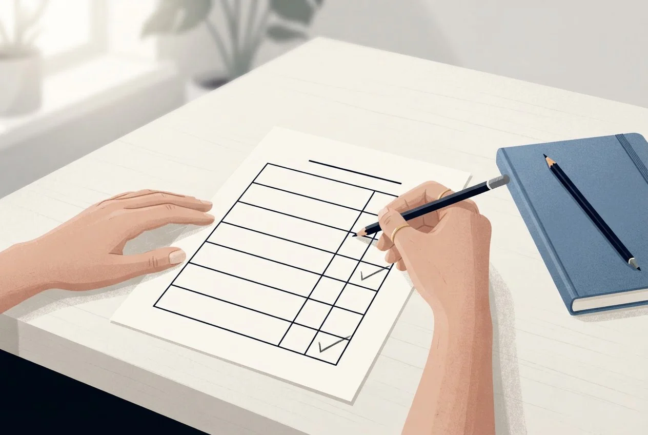A student's hands tick rows on a printed mark sheet with a pencil to count semesters.