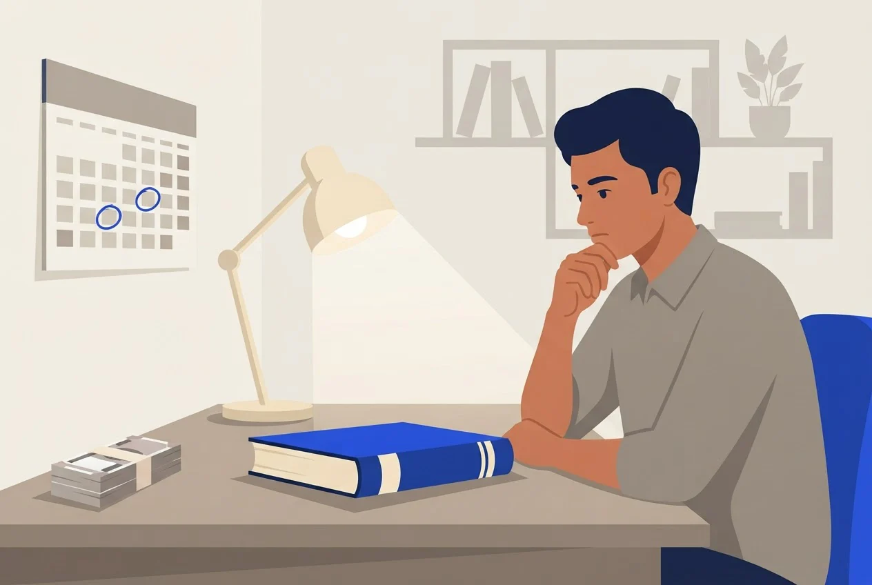 A young man at a desk considers a closed study book beside a marked calendar and a small stack of rupee notes.