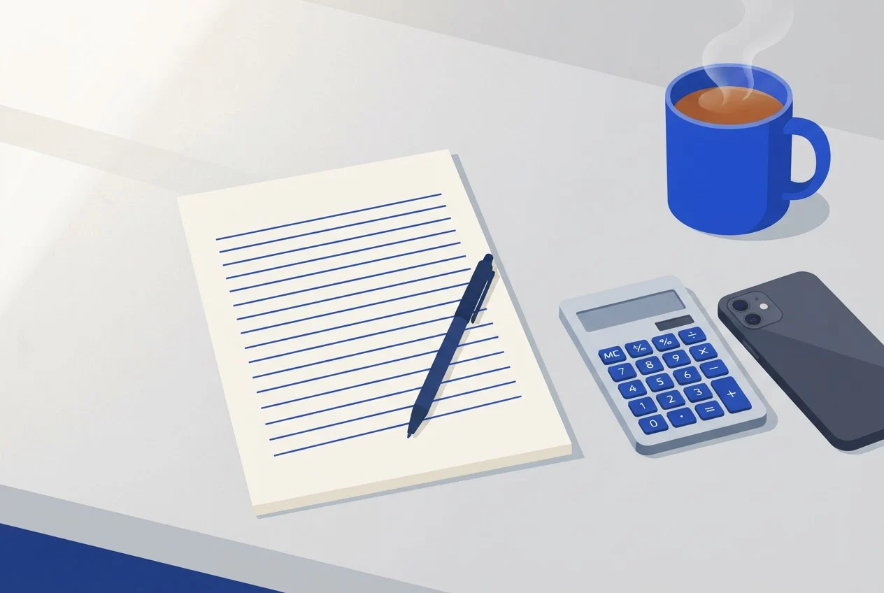 A notepad with a pen, a calculator and a phone on a desk, with a cup of tea beside them.