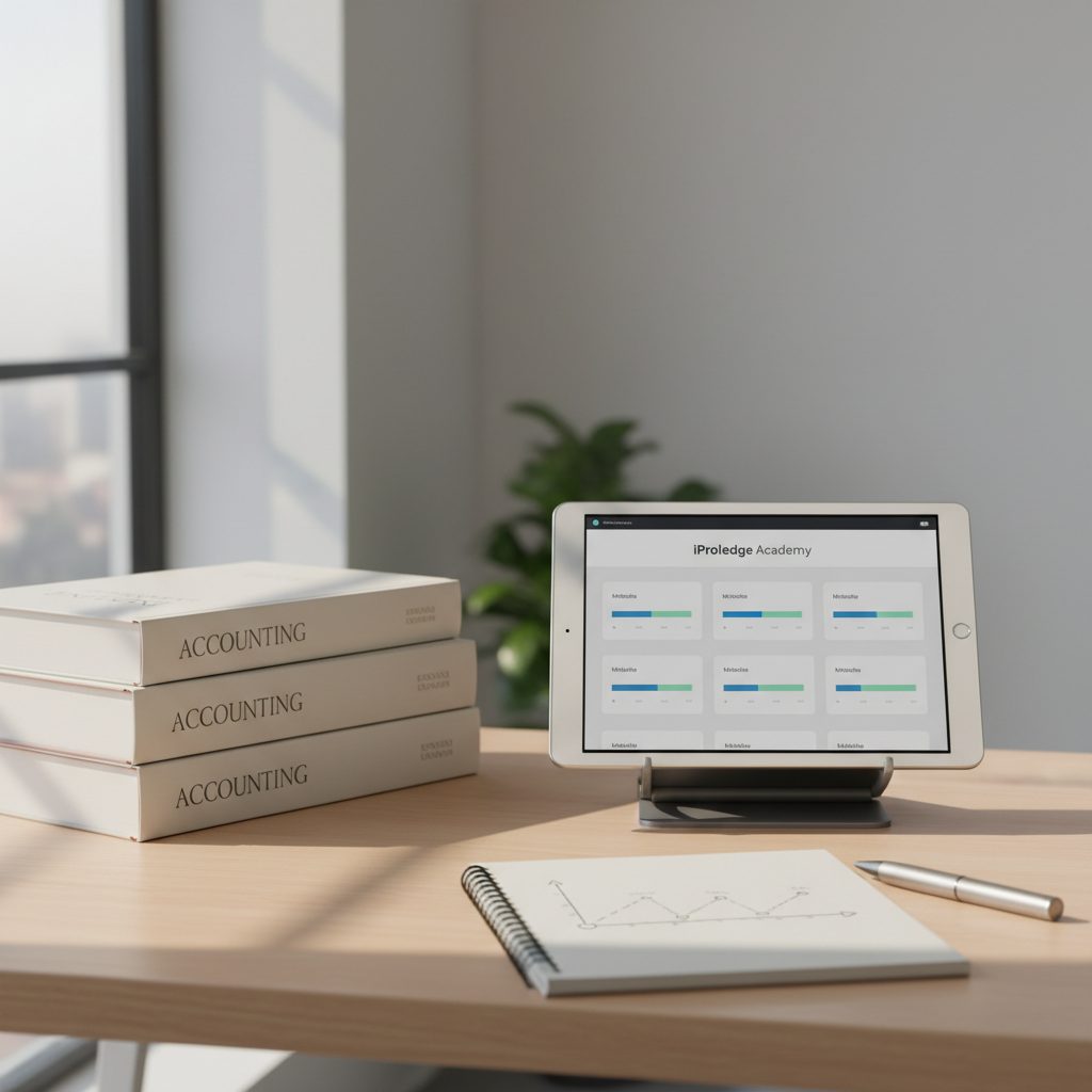 A structured study desk with organized textbooks, a digital tablet displaying curriculum modules, and a notebook with a study plan.