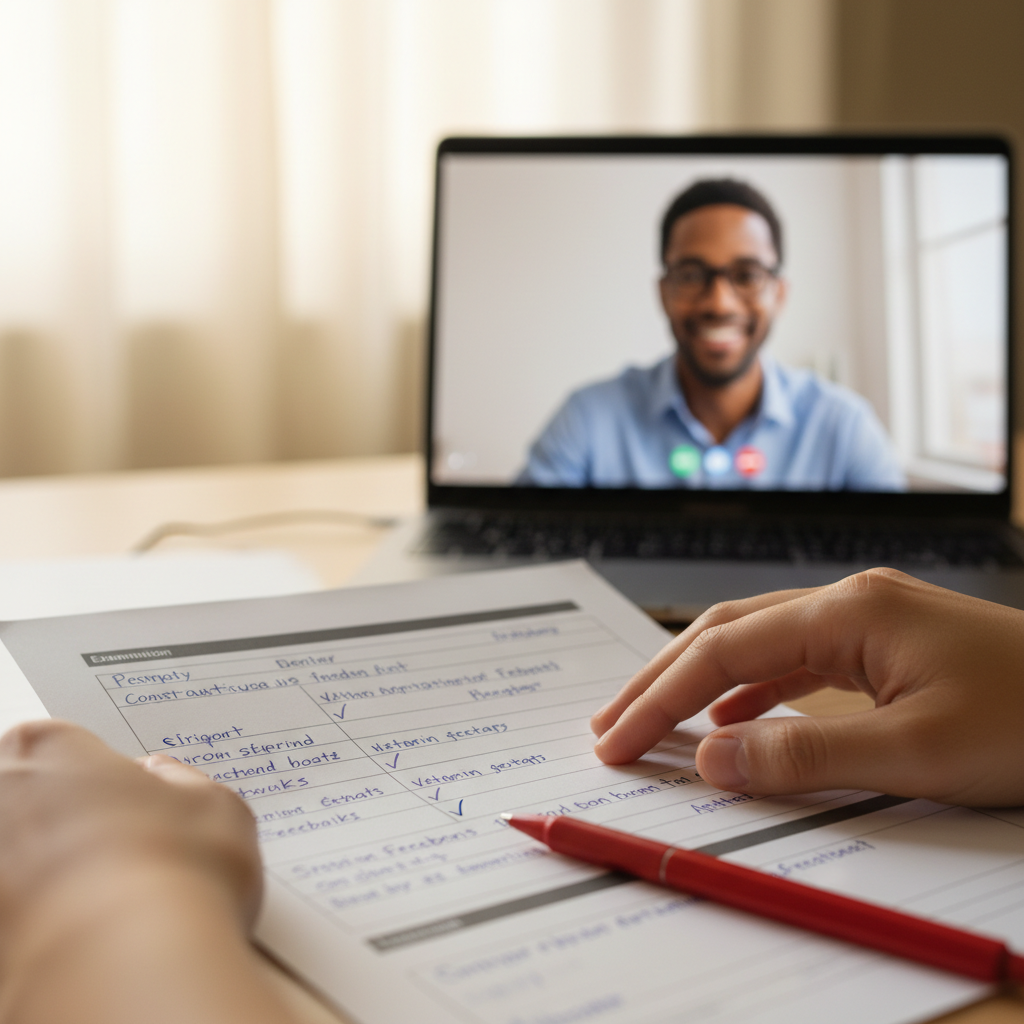 A student reviewing detailed feedback on an exam paper with a laptop and color-coded study notes nearby.