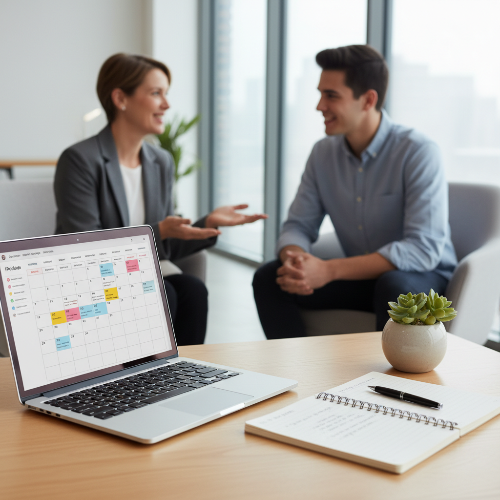 A professional counseling desk with a laptop, a notebook, and a warm, inviting atmosphere for a student consultation.