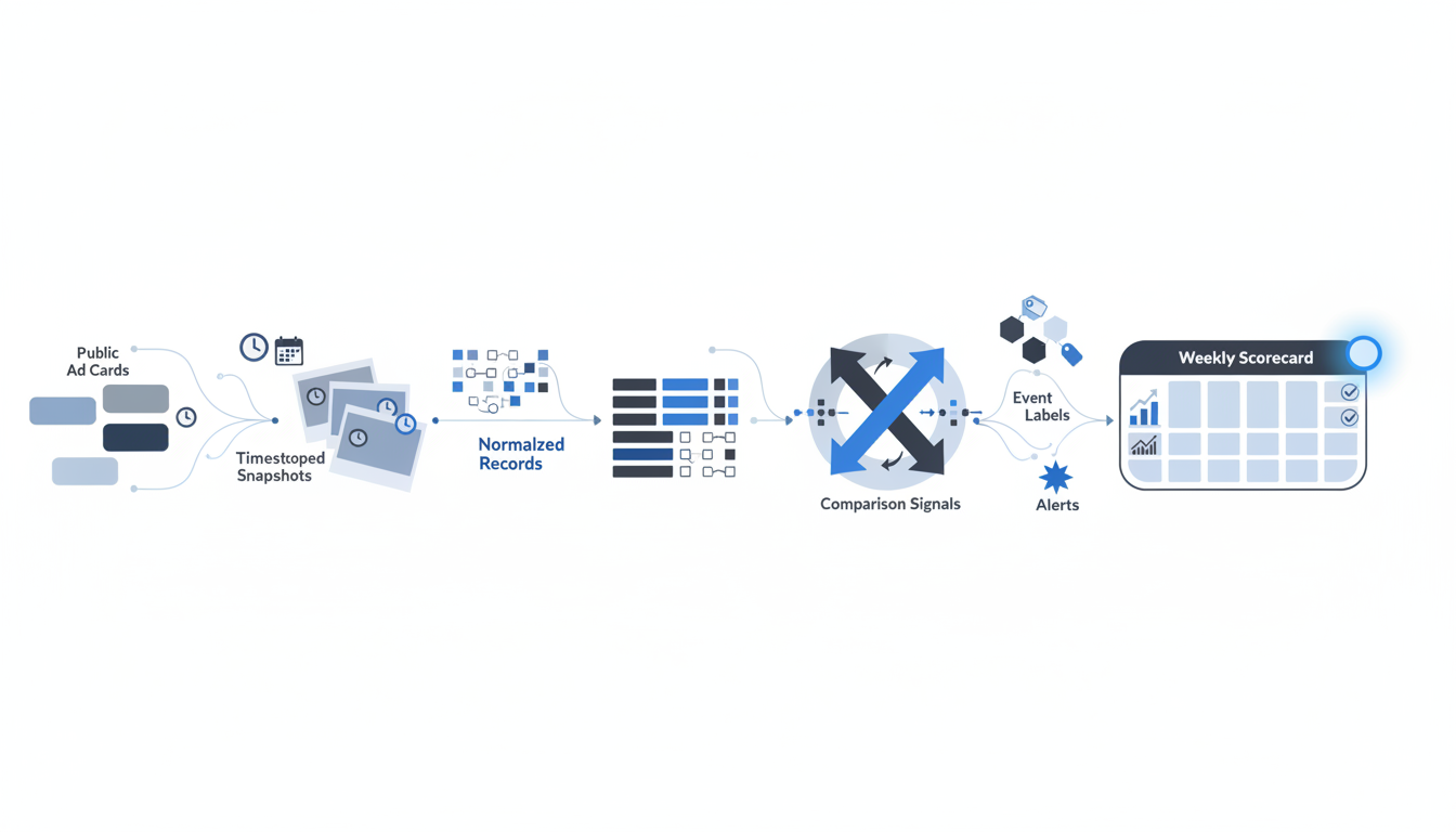 Flow from public ad record to a verified monitoring alert