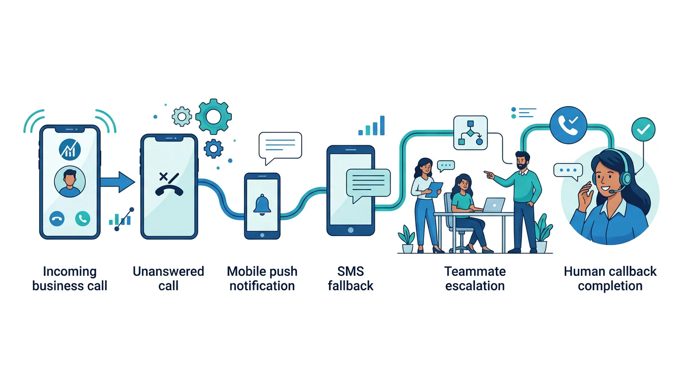 Missed-call alert escalation workflow for a small Indian team