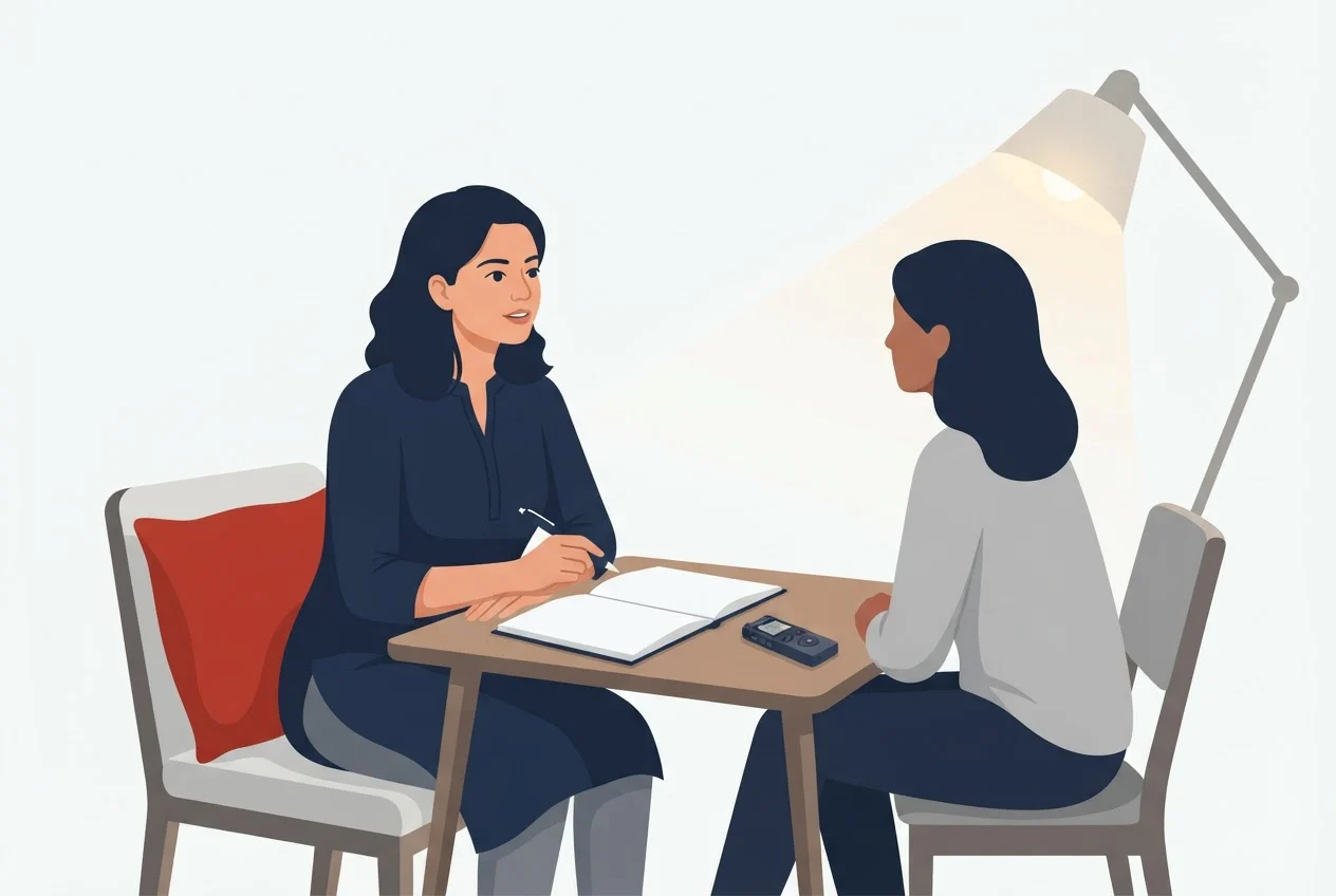 A moderator interviews a participant face to face with a discussion guide and recorder on the table.
