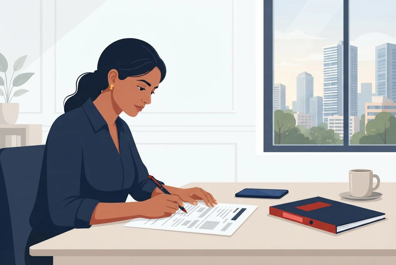 A recruiter reviews a printed screening questionnaire at a desk with a city skyline outside the window.