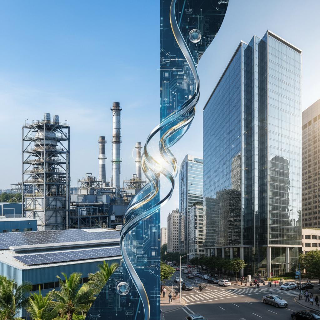A conceptual split view showing a modern Indian industrial plant on one side and a sleek global corporate office building on the other.