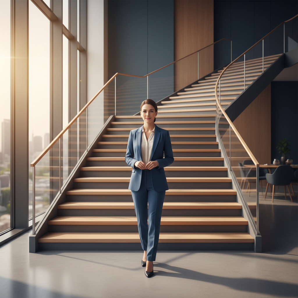 A professional looking ahead at a modern architectural pathway symbolizing career progression and strategic choices.