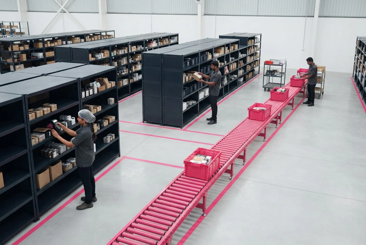 Three pickers each working in their own warehouse zone while a tote moves along a conveyor between them.