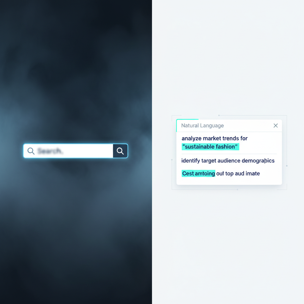 A conceptual split-screen illustration showing a blurry, ambiguous keyword search box on one side and a clear, highly detailed natural language prompt on the other, representing explicit intent.