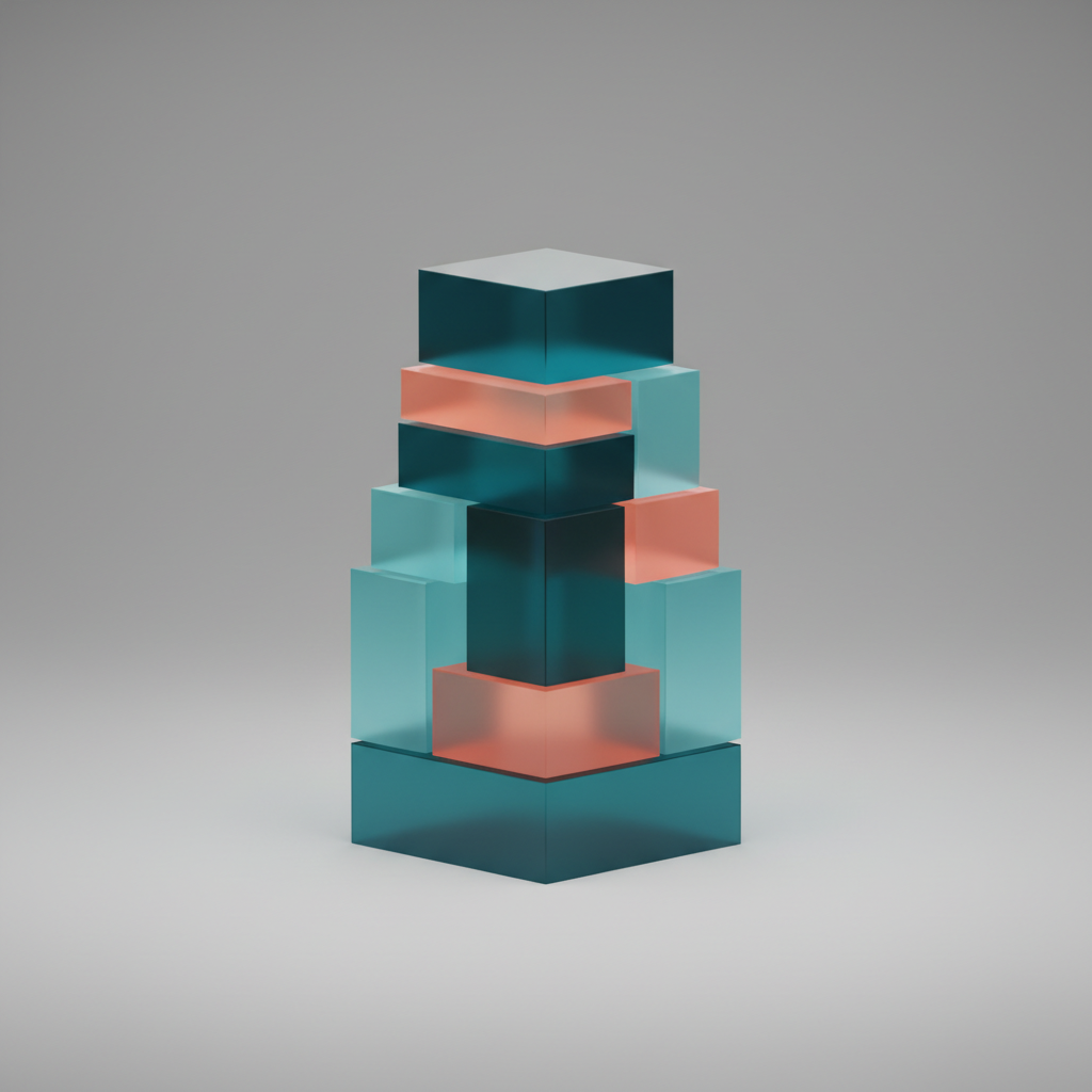 An abstract 3D visualization of multiple colorful constraint blocks stacking perfectly together to form a stable, complex structure.