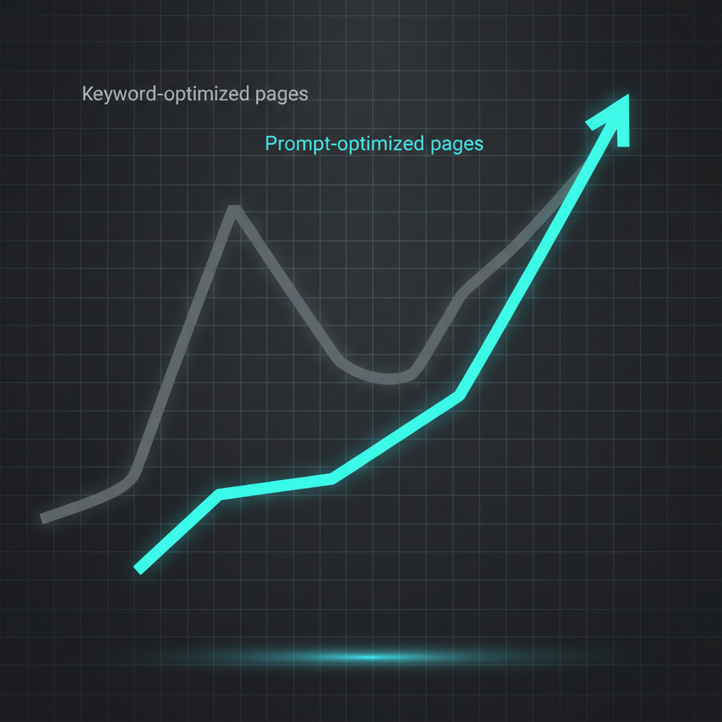 A clean, modern line graph comparing the steady, high-converting performance of prompt-optimized content against the declining performance of keyword-optimized content.