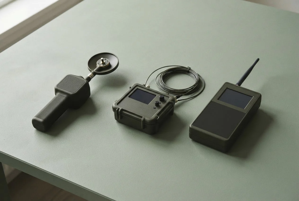 Three bug-detection instruments laid out on a workbench: a junction detector, a line analyzer and a spectrum analyzer.