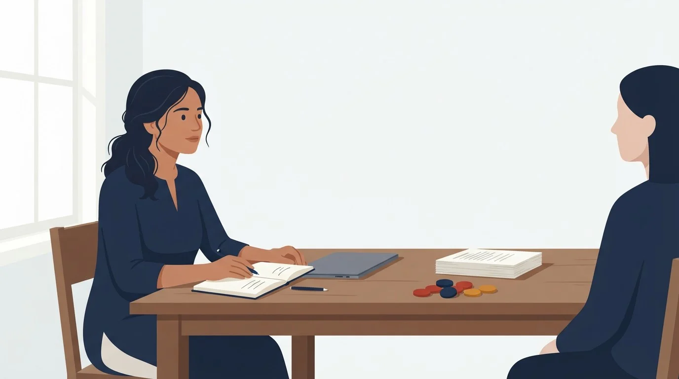 A researcher and a participant sit across a table in a quiet interview, with paper survey sheets and tokens beside them.