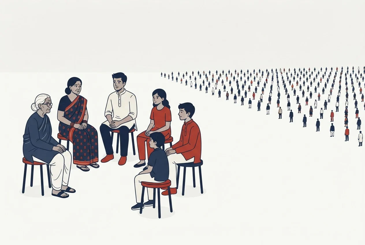 A small circle of six seated people in front of a large crowd of tiny figures arranged in rows.