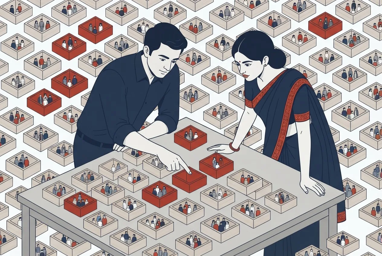 Two colleagues lean over a table holding a grid of small boxes, each filled with tiny figures, some boxes tinted red.