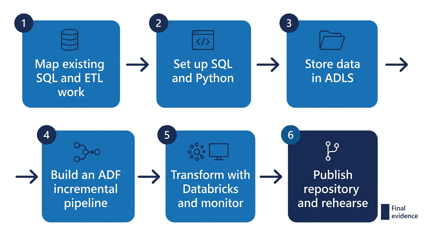 A six-stage left-to-right flow from existing SQL and ETL work to a versioned, monitored Azure portfolio pipeline.