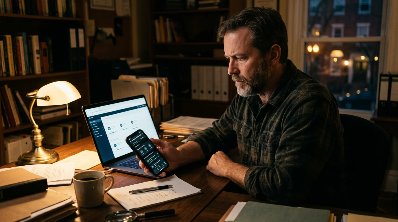 Investigator checking saved course progress on a phone at night