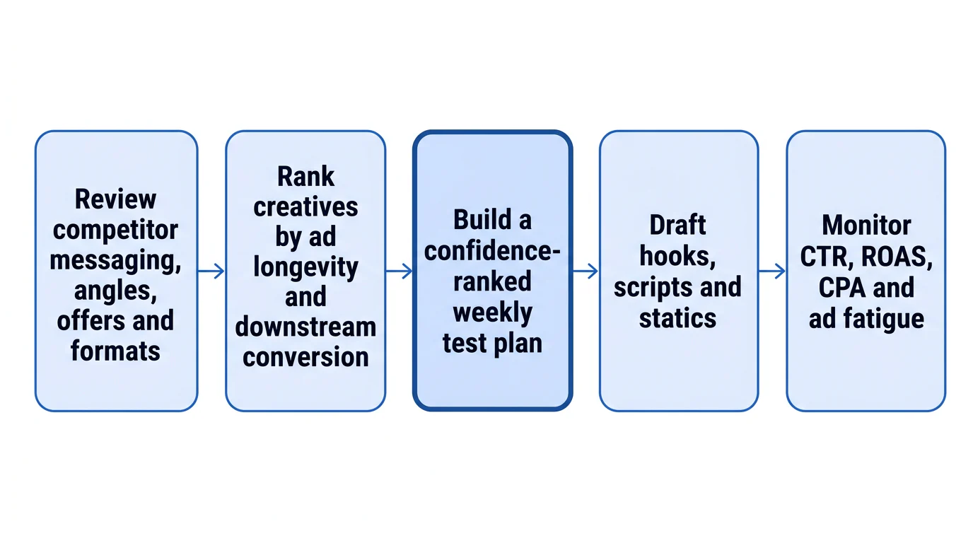Five connected stages show how Deepsolv moves from competitor signals to tracking creative-test results.
