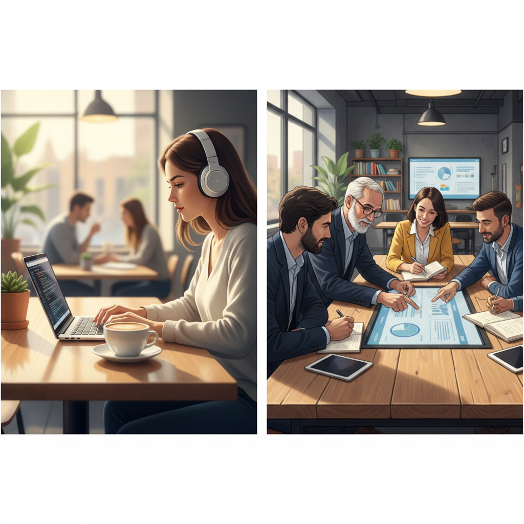 Two contrasting study environments showing independent digital learning and collaborative group mentoring.