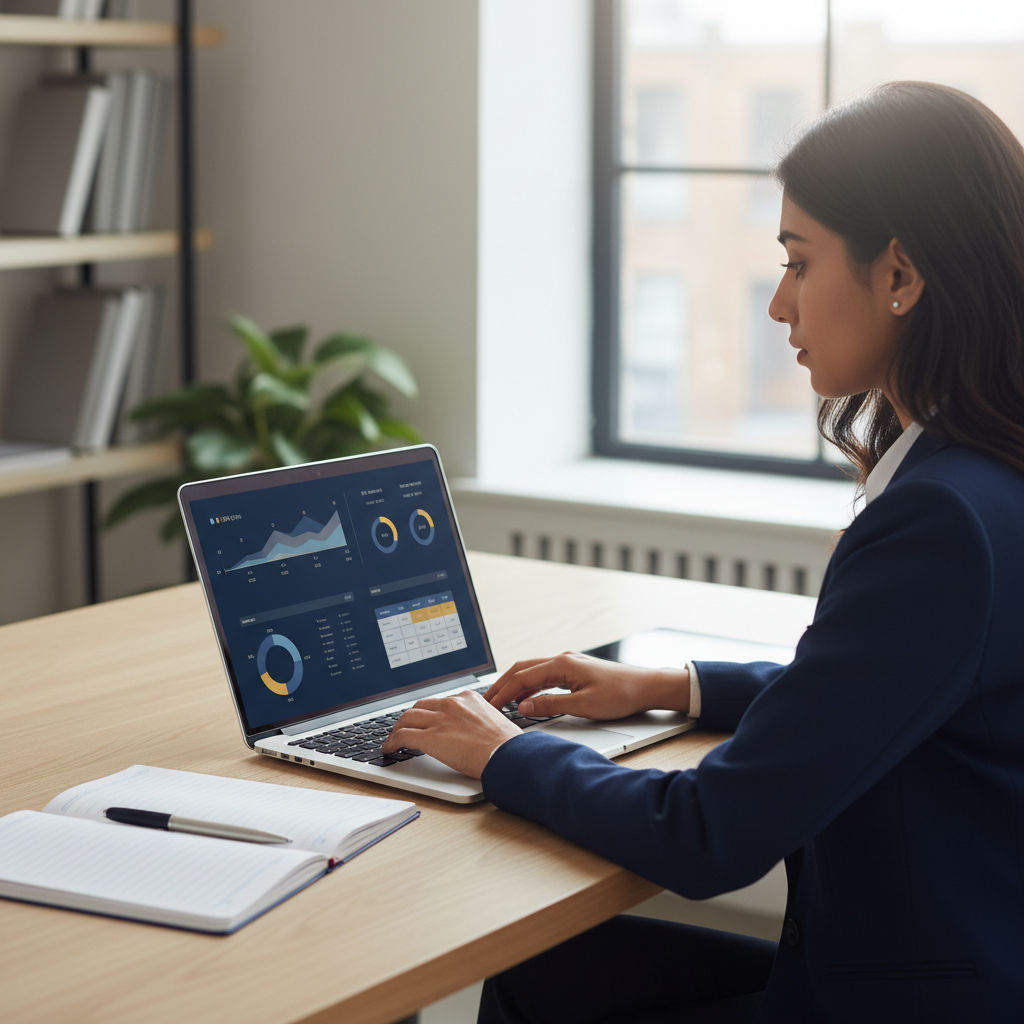 A professional reviewing educational course structures and data charts on a laptop screen in a bright, modern office.