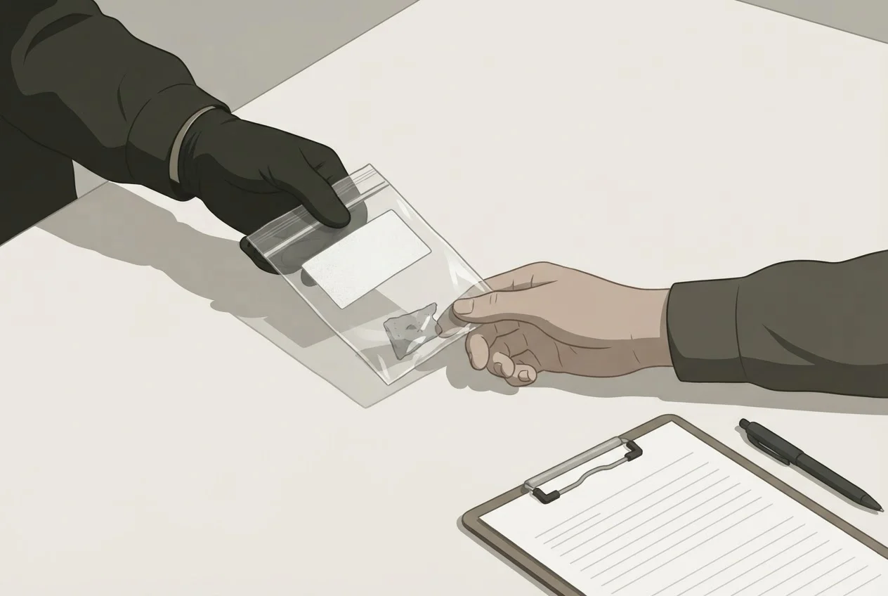 Two pairs of gloved hands pass a sealed evidence pouch across a table beside a blank clipboard form.
