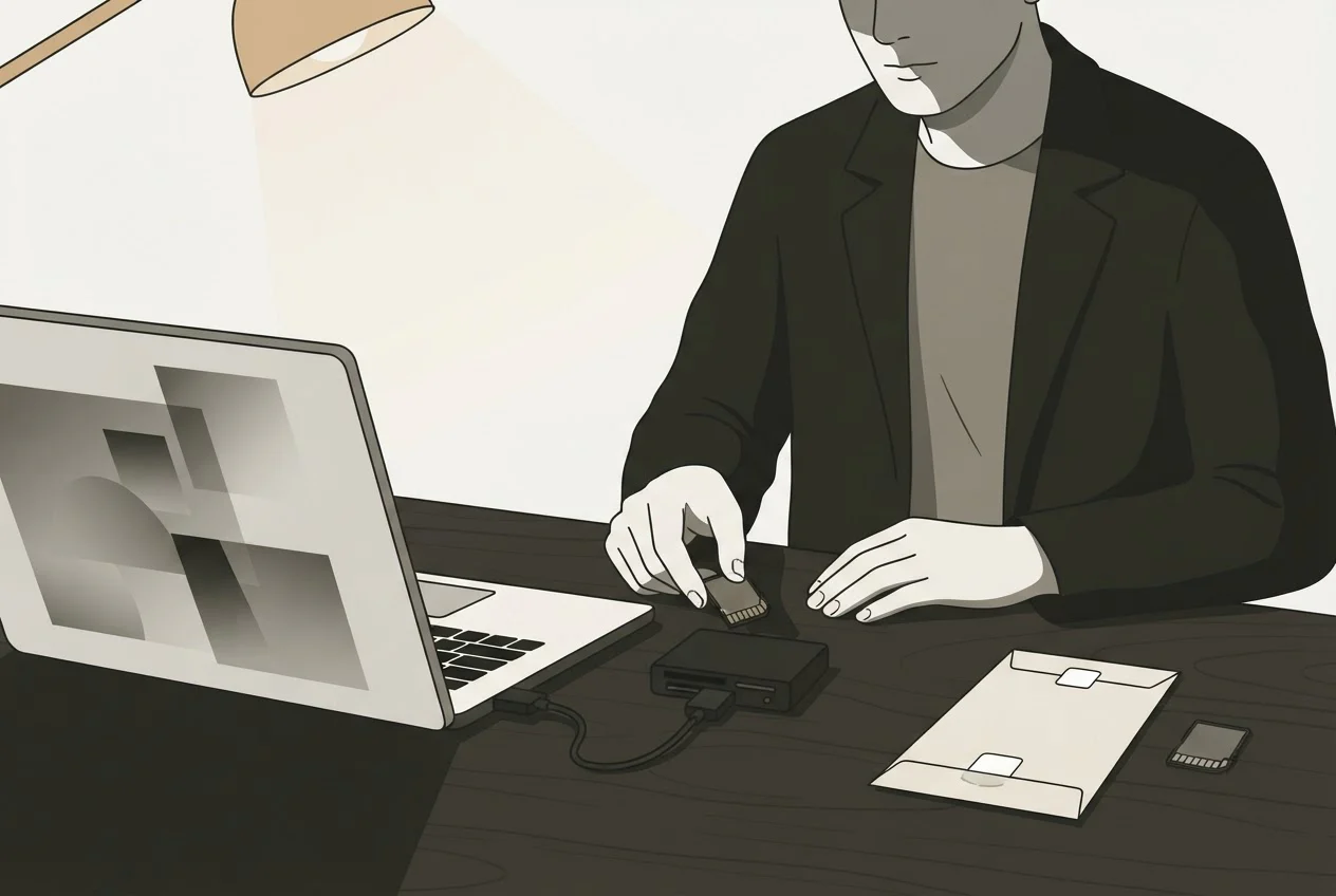 An investigator copies files from a camera memory card to a laptop while the sealed original stays aside.