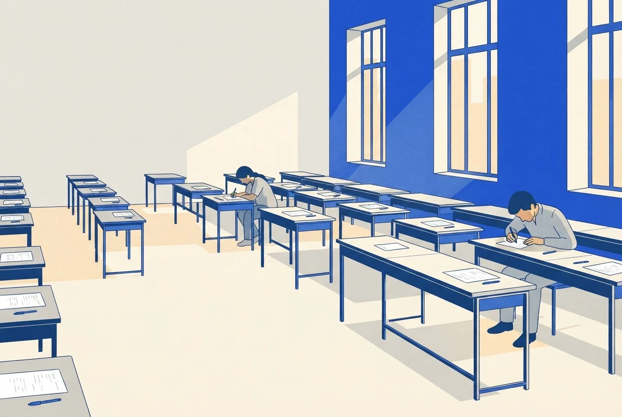 Candidates write on paper answer booklets at desks in a quiet exam hall in the afternoon.
