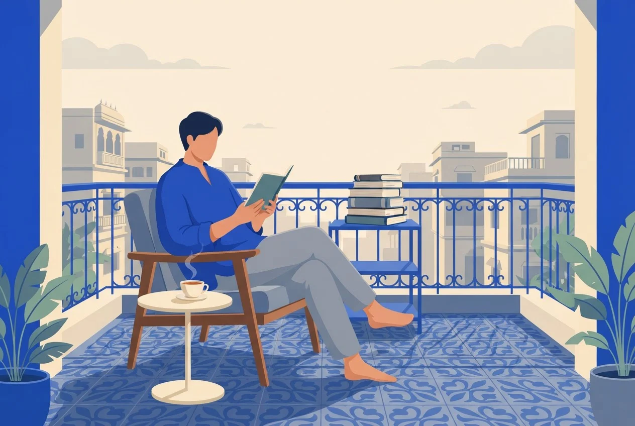 A candidate reads one slim book on a balcony while the other books rest in a stack.