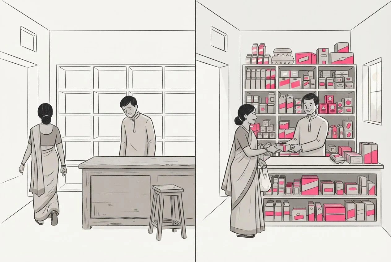 A shop shown twice: on one side bare shelves and a customer leaving, on the other full shelves and a customer being served.