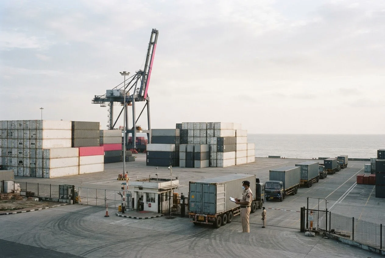 Containers stacked at an Indian port with trucks queuing at the gate while a customs officer inspects one container.