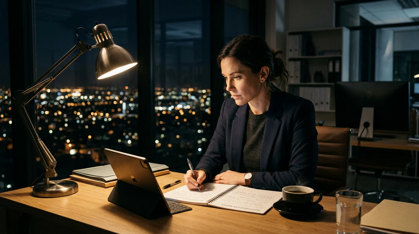 Night-shift investigator studying on a tablet