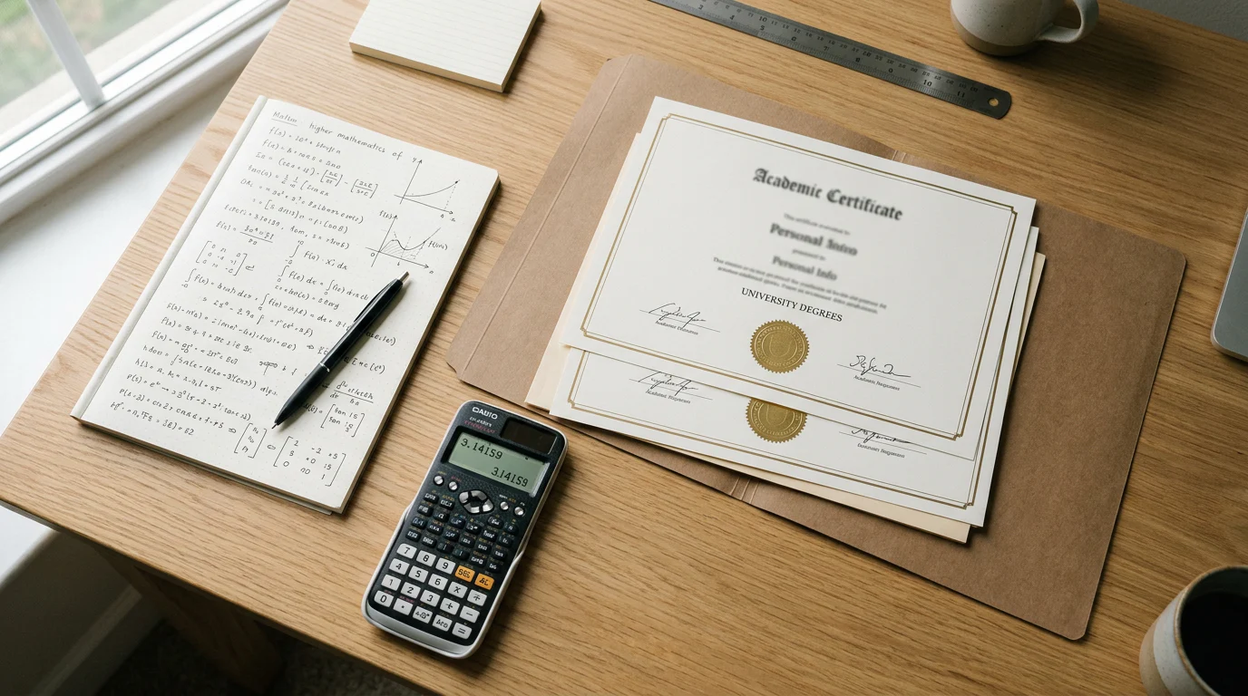 Candidate organizing interview documents and mathematics notes