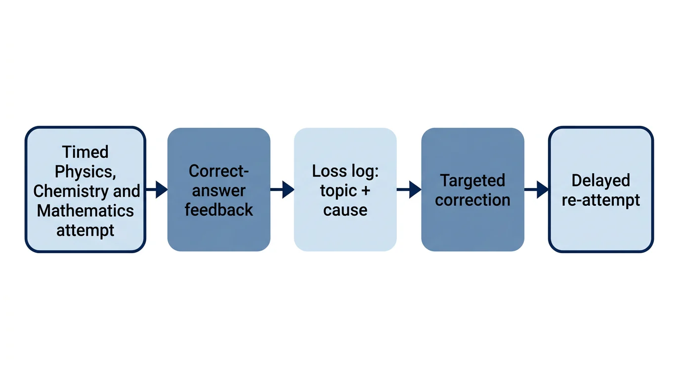 A five-step review flow from a timed Physics, Chemistry and Mathematics test to a delayed re-attempt.