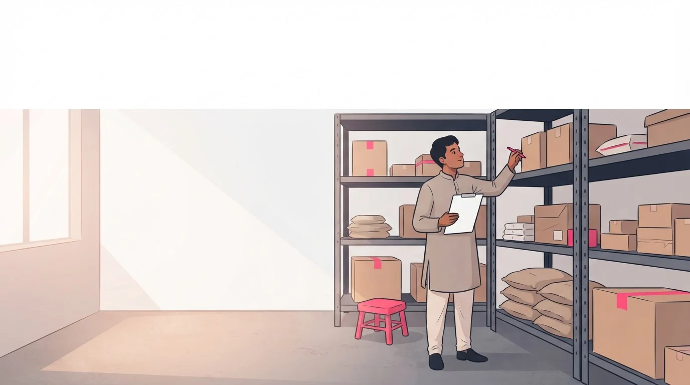 A storekeeper in an Indian warehouse checks cartons on tall shelving racks while holding a clipboard.