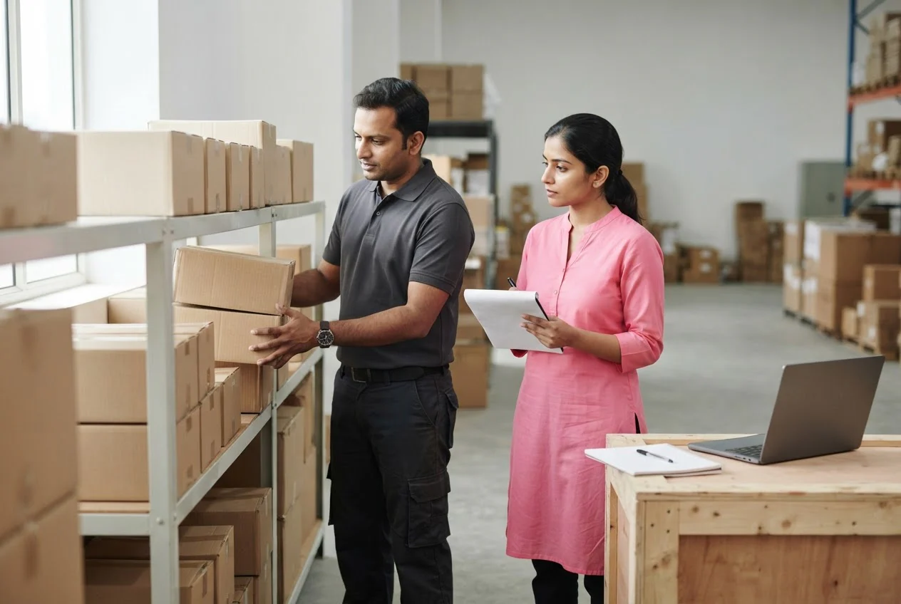 An accountant and a stockroom helper count cartons on a shelf together as a sample stock check.