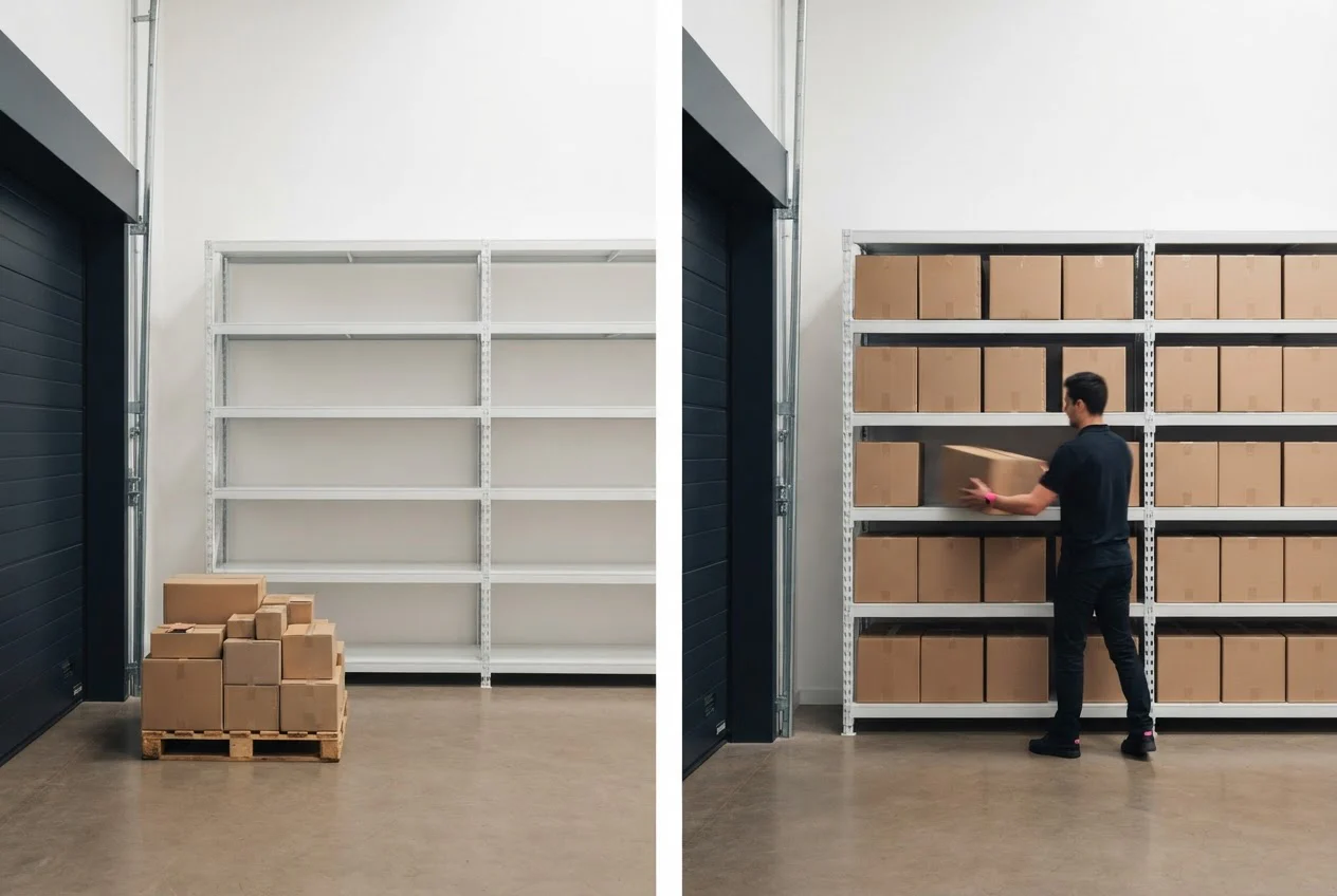 A split scene shows cartons waiting unshelved by a door on one side and the same shelf fully stocked on the other.
