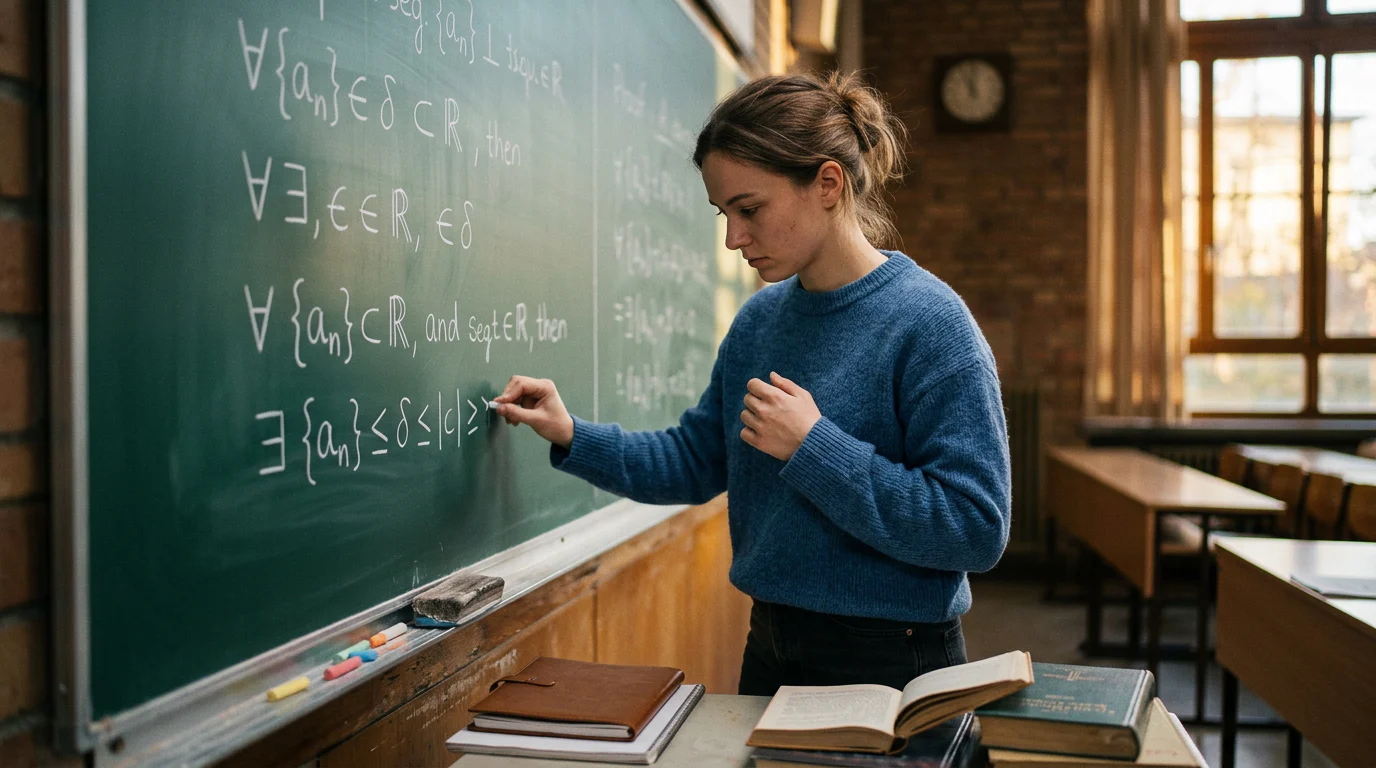 Student practising a mathematics proof at a board