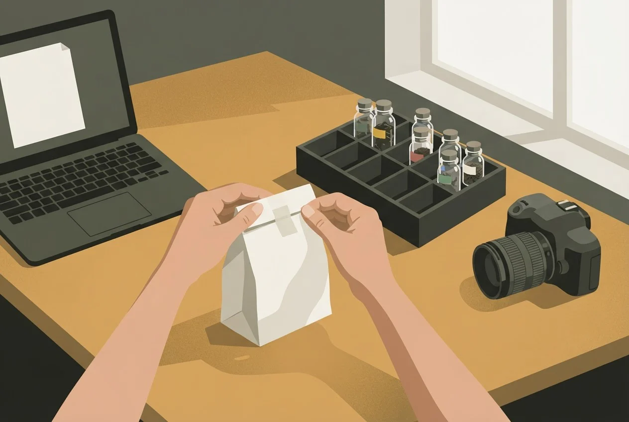Hands seal an evidence bag on a desk with sample jars, a camera and a laptop.