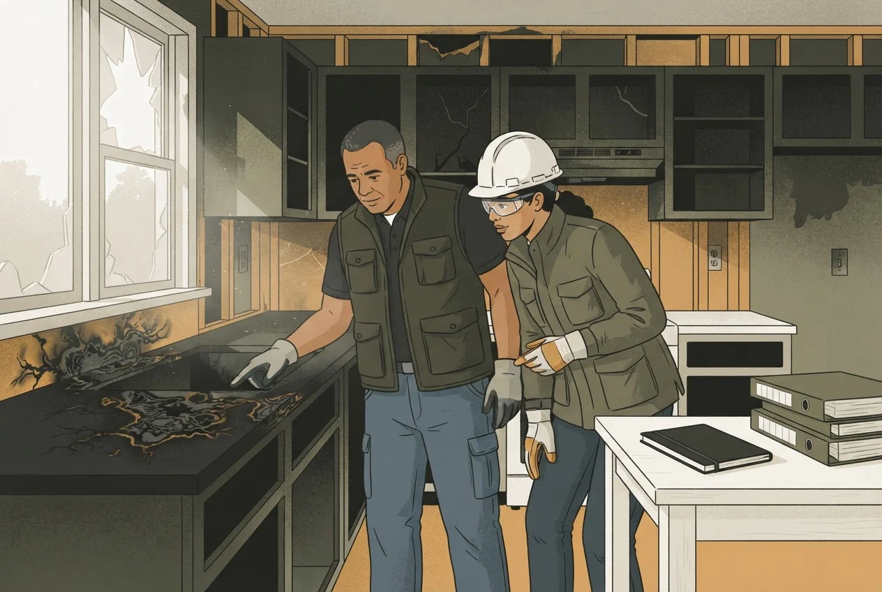 A trainee and an experienced investigator study burn patterns together in a fire-damaged kitchen.