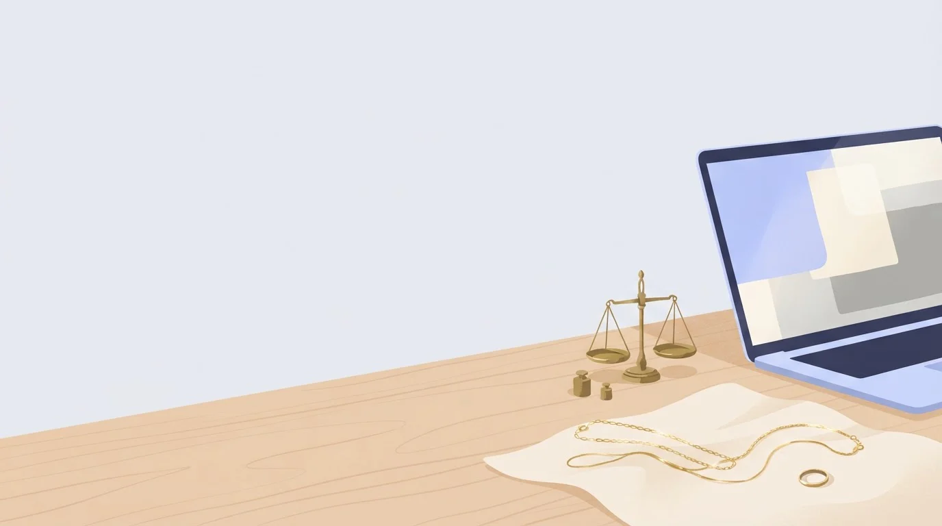 A jewelry maker's desk with gold necklaces, a ring, a small scale and a laptop.