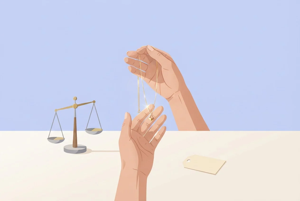 A seller's hands hold a gold pendant necklace next to a small scale and a blank price tag.
