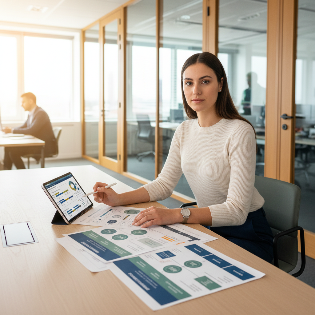 A professional reviewing corporate compliance calendars and strategic documents on a modern desk.