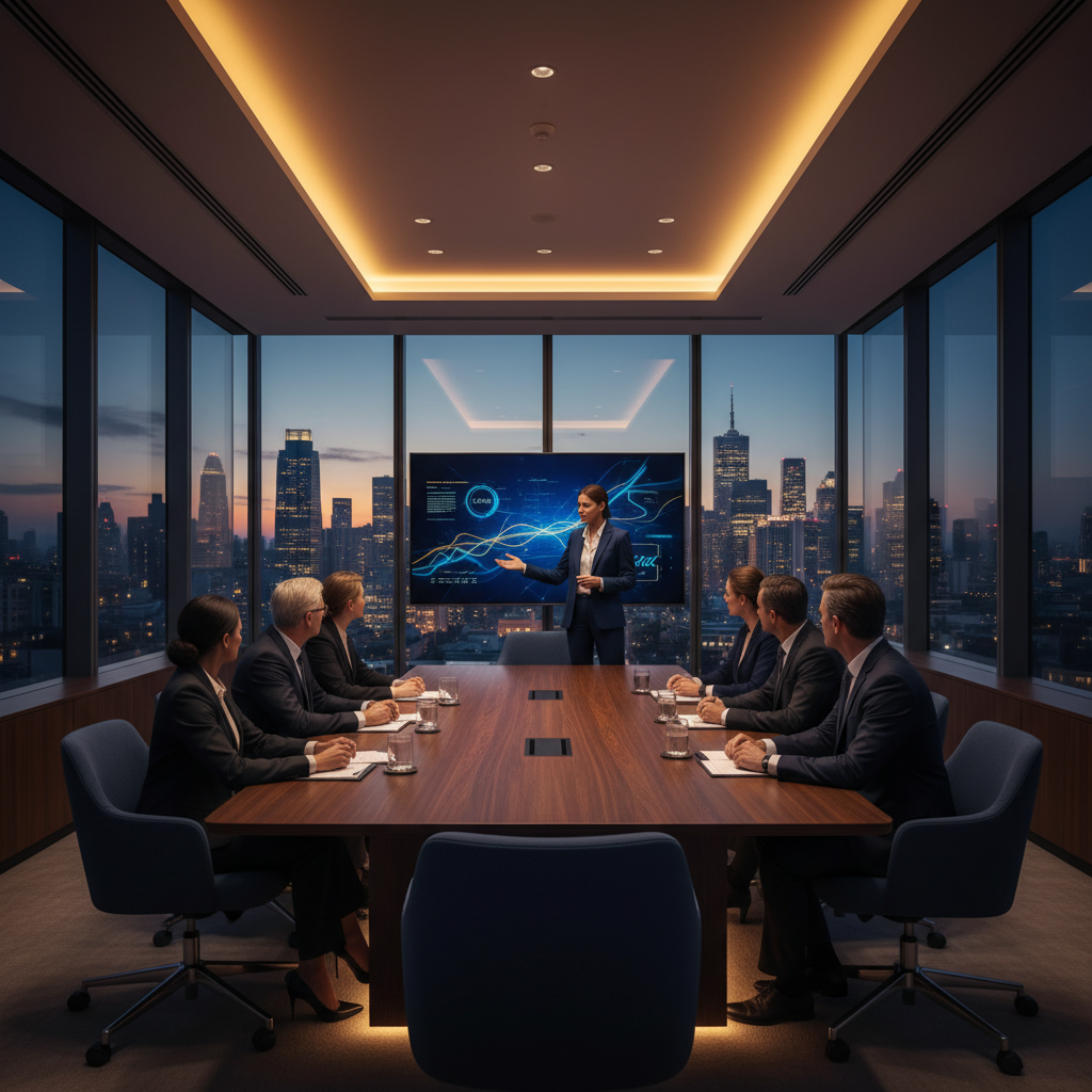 A corporate boardroom setting with a professional presenting governance insights to board members.