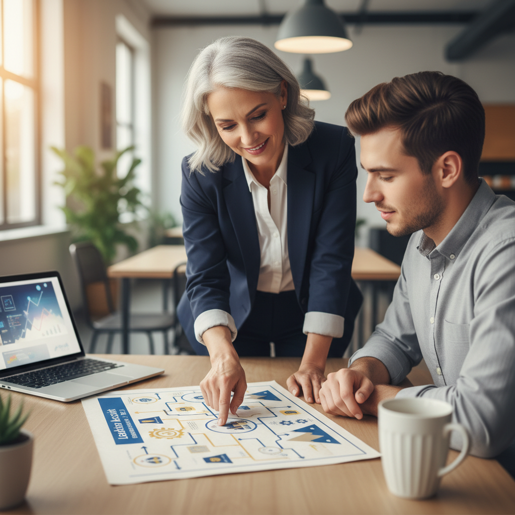 A mentor guiding a young professional over a career roadmap in a modern workspace.