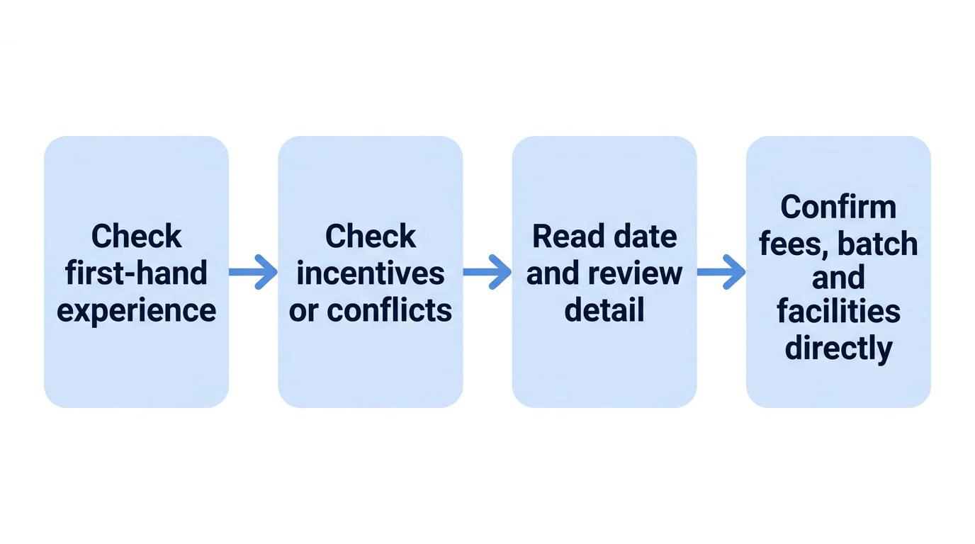 A four-step flow for checking the source, incentives, context and enrolment details behind a coaching review.