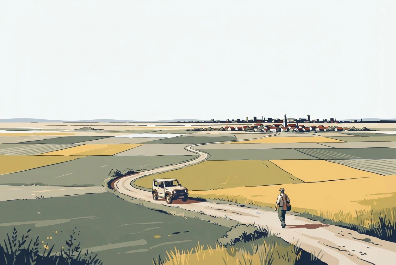 A field researcher's jeep on a long dirt road with the researcher walking on toward a distant village.