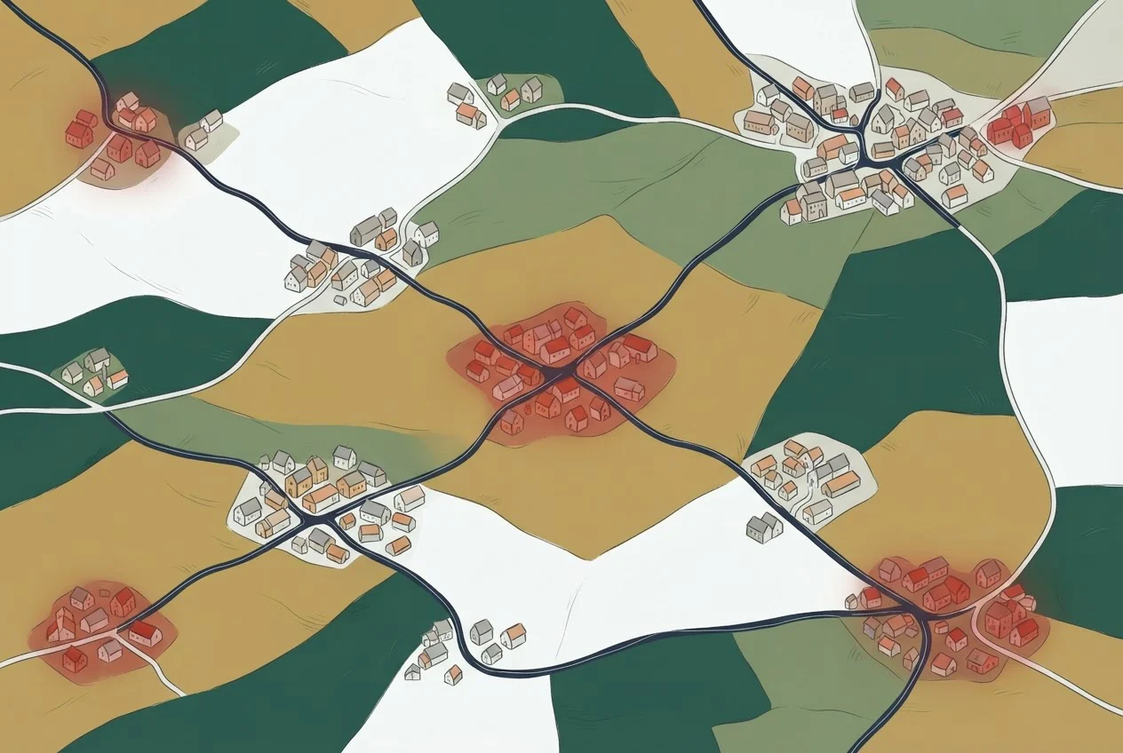 An aerial view of small, medium and large village clusters across farmland, with a few highlighted.
